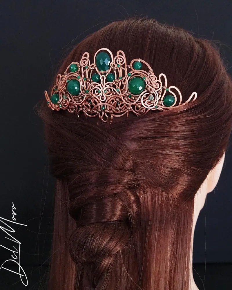 Гребень для волос с камнями зеленый "Mermaid"