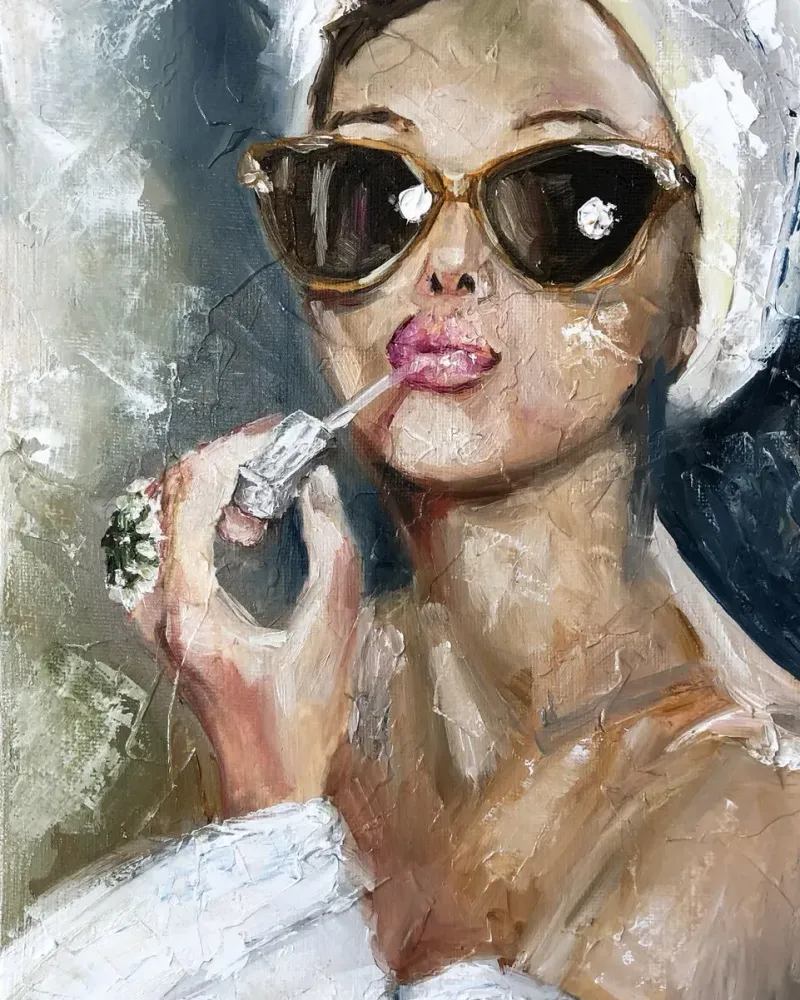 Девушка с помадой. Картина маслом 20×30 см — 20×30 см