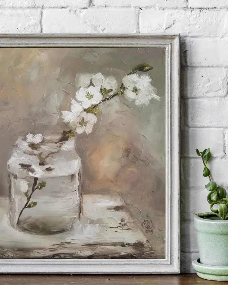 Ветка жасмина в вазе. Картина маслом 20×30 см — 20×30 см