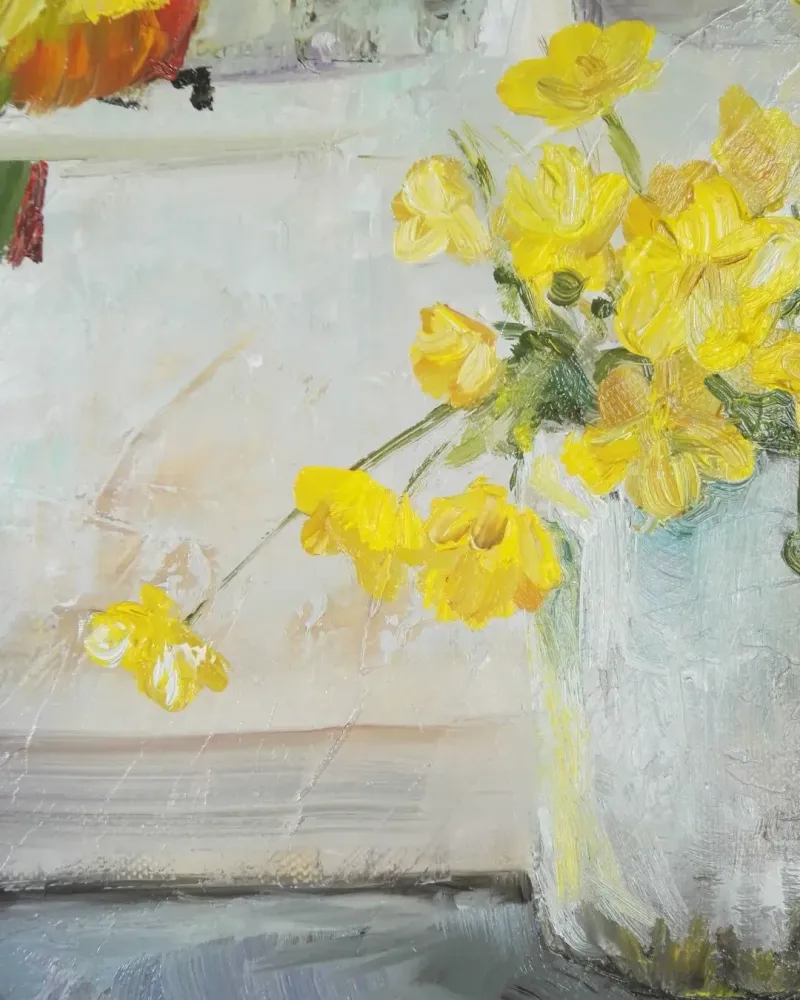 Желтые цветы и птичка. Картина маслом 40×40 см — 40×40 см
