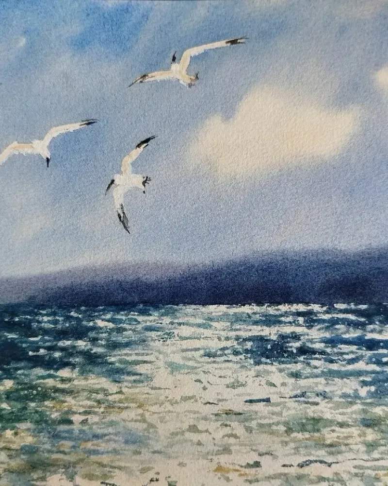 Солнечно. Море, горы и чайки, акварель — 20×30 см