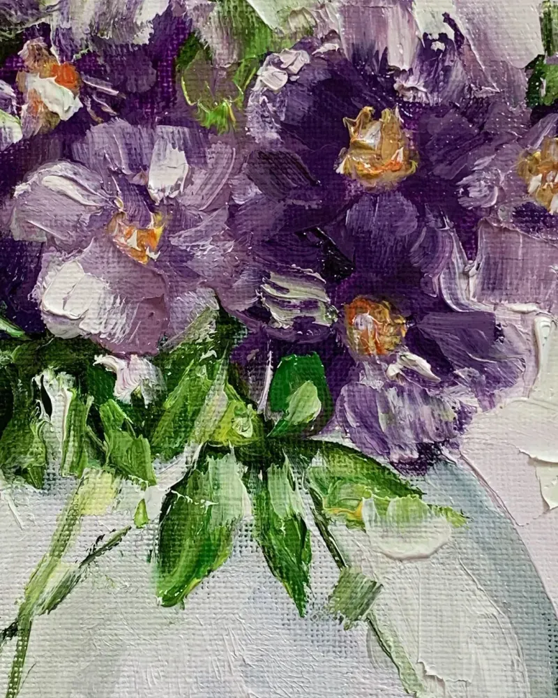 Фиалки в вазе. Картина маслом 20×20 см — 20×20 см