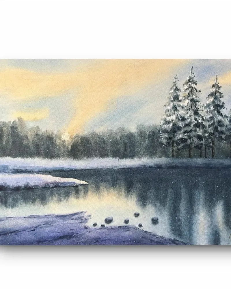 Зимний пейзаж с рекой. Акварель — 30×42 см