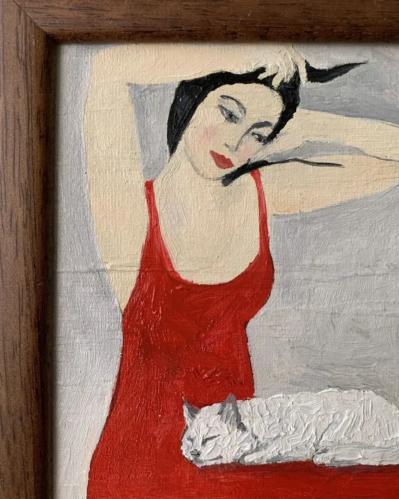 Девушка и кот. Картина маслом 15×25,5 см — 15×25,5 см