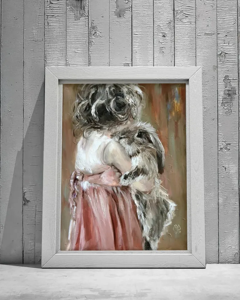 Девочка и кролик. Картина маслом 30×40 см — 30×40 см