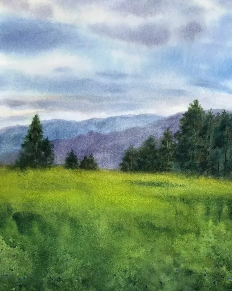 Горный пейзаж. Картина акварелью — 30×40 см