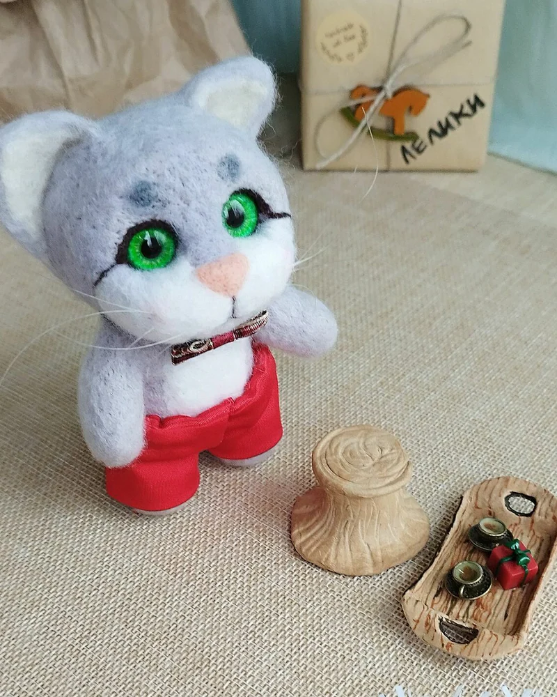 Серый Котик игрушка из шерсти, фигурка кота