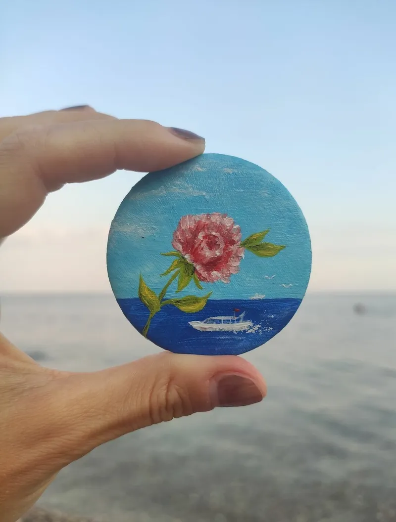 Брошь Цветок у Моря. Миниатюра на Холсте. Морской пейзаж