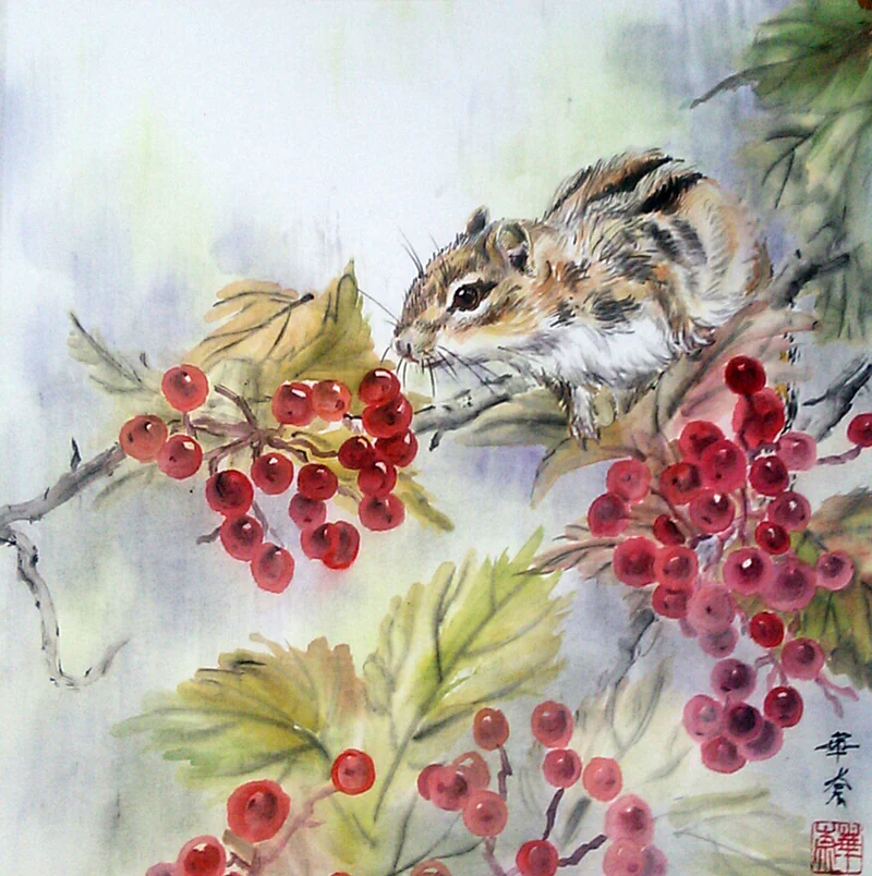 Картина Краски осени, 32x32 ягоды калина красная бурундук