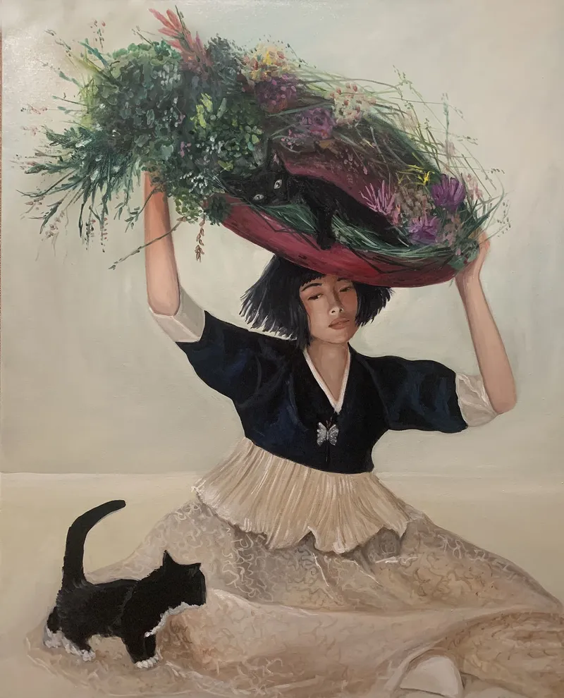 Девушка с цветами и котятами. Картина маслом 80×100 см — 80×100 см