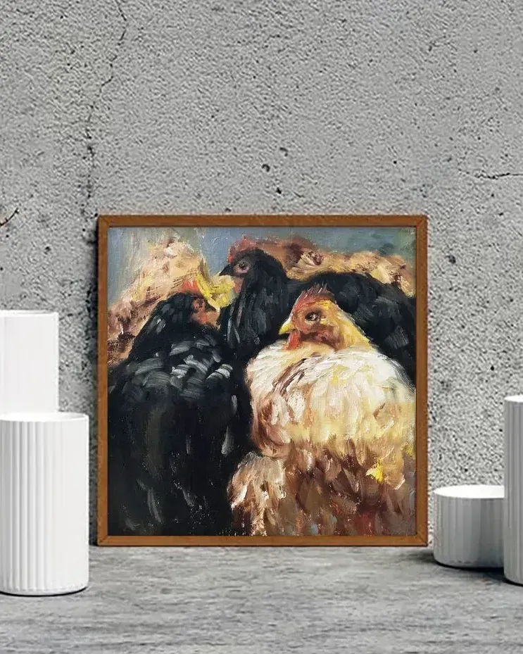 Куры. Картина маслом 30×30 см — 30×30 см