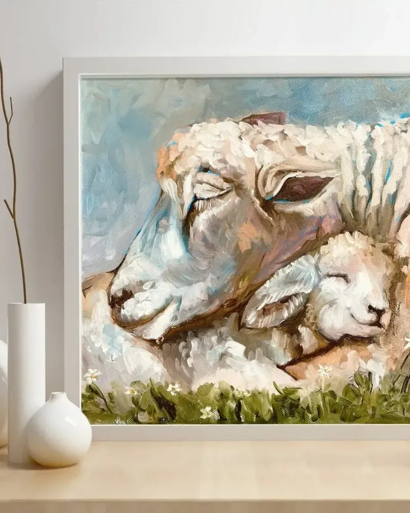 Овечка мама и малыш. Картина маслом 30×30 см — 30×30 см