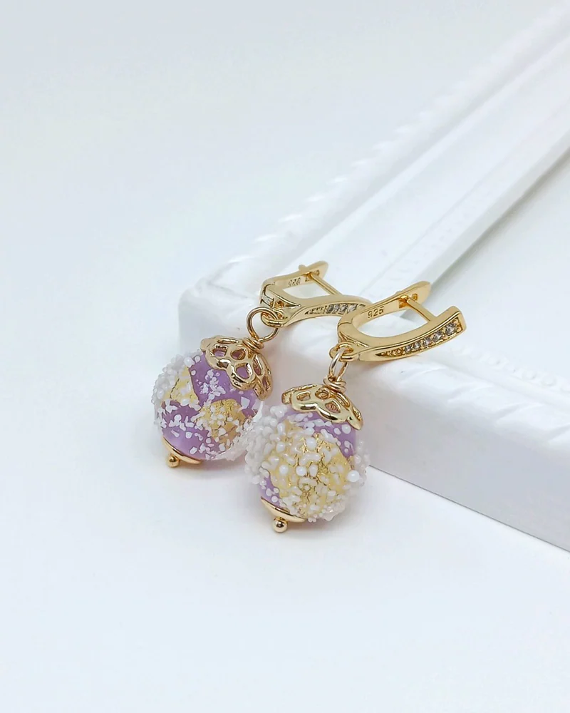 Серьги Нежная сирень бусины лэмпворк фианиты позолота