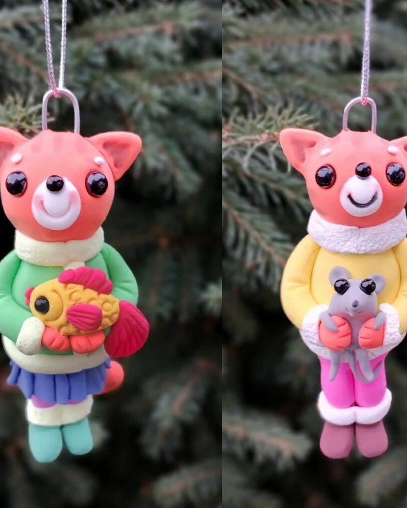 Ёлочная игрушка «Рыжий котик» — С рыбкой
