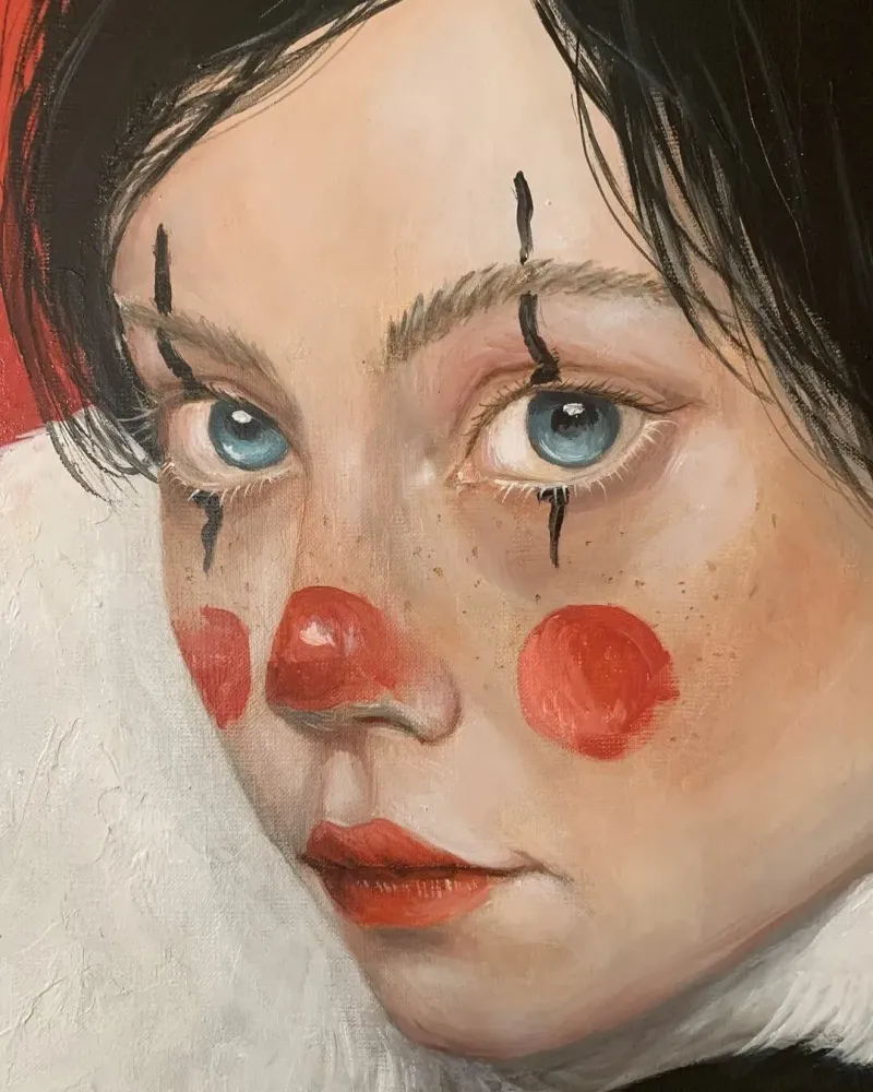 Клоунесса и белый кот. Картина маслом 60×70 см — 60×70 см