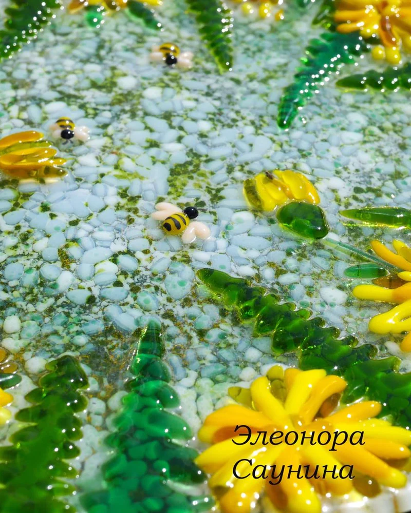Тарелка стеклянная фьюзинг Венок из одуванчиков