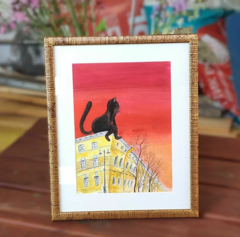 КОТ на КРЫШЕ. Картина в раме — Оригинал