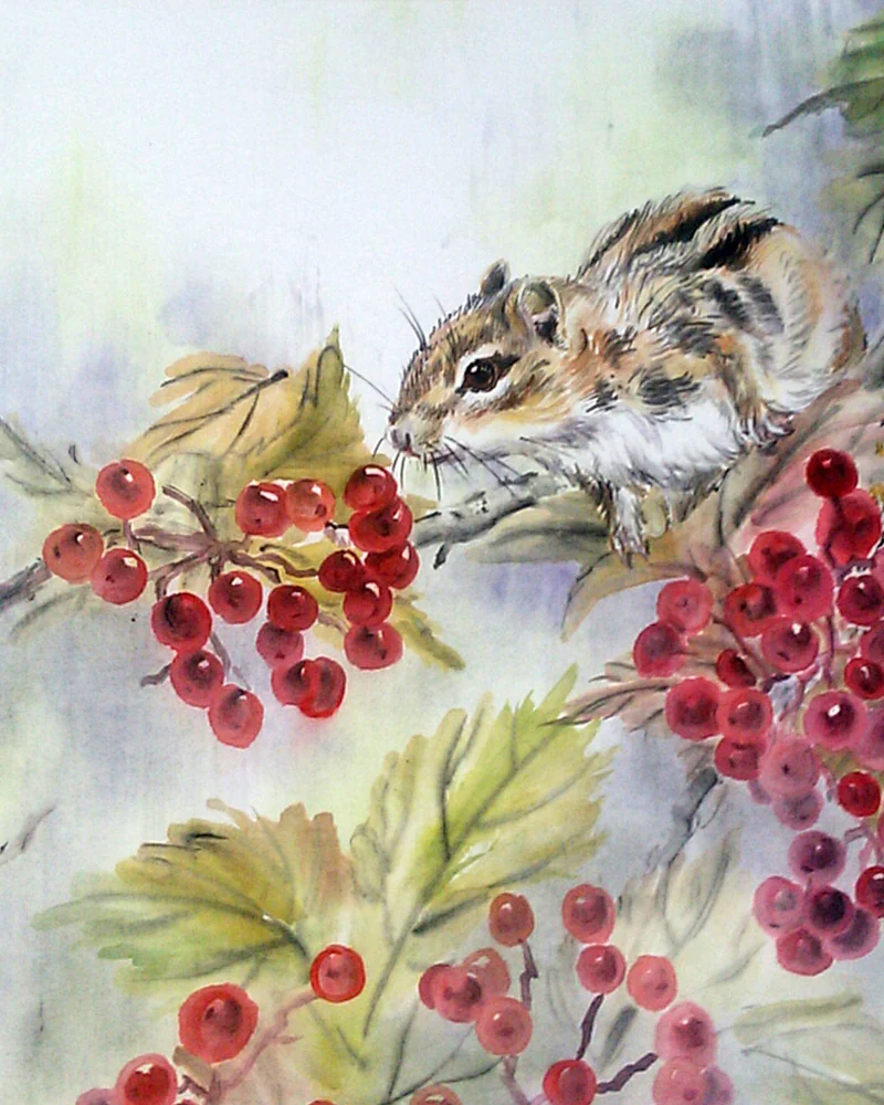 Картина Краски осени, 32x32 ягоды калина красная бурундук
