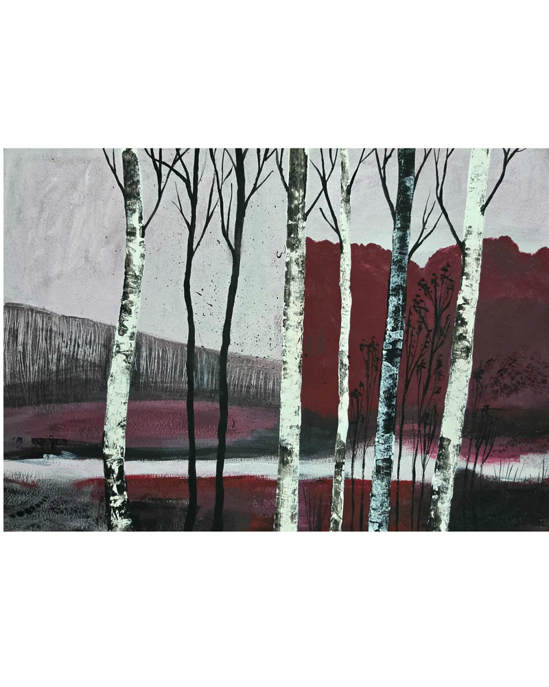 Авторская картина "Багровый лес" | 42×29.7 см | Акрил на бумаге