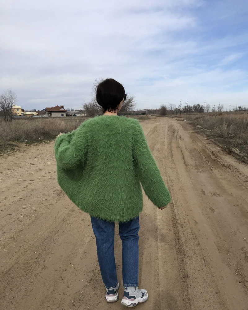 Зелёный Кардиган короткий — Пушистый кардиган