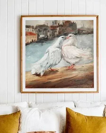 Воркующие голубки. Картина маслом 35×35 см — 35×35 см