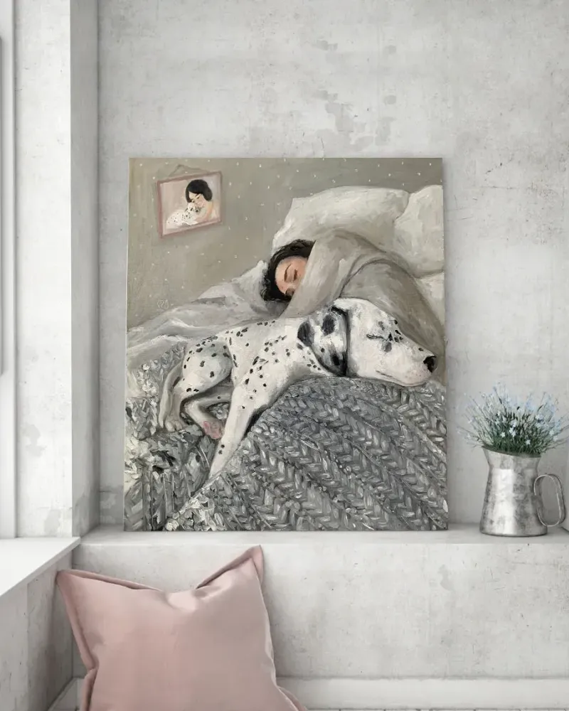 Девушка и её пёс. Картина маслом 60×70 см — 60×70 см