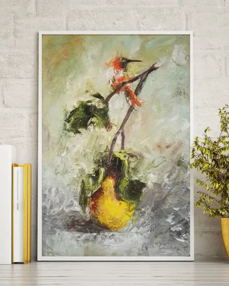 Ветка груши и птичка. Картина маслом 40×60 см — 40×60 см