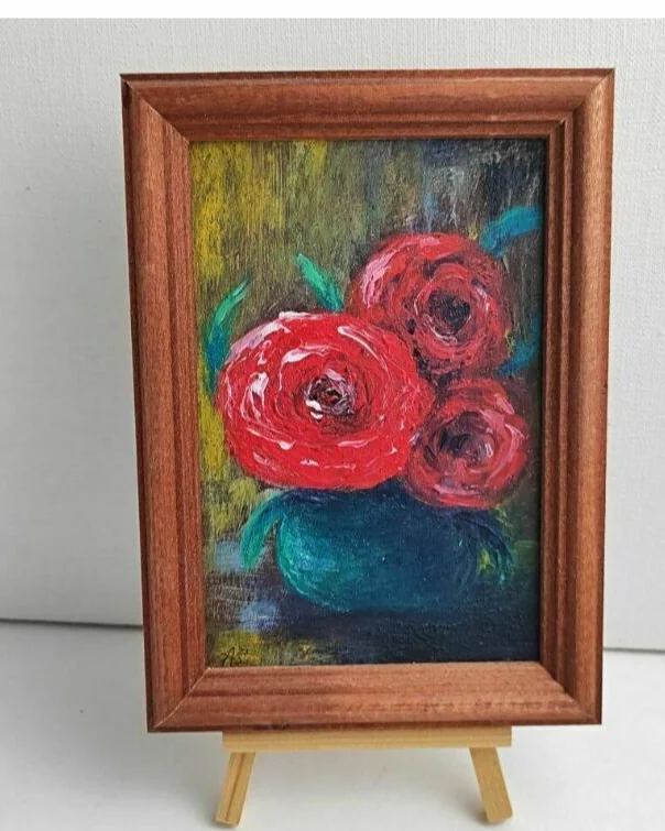 Картина с пионами натюрморт в раме 10×15 см