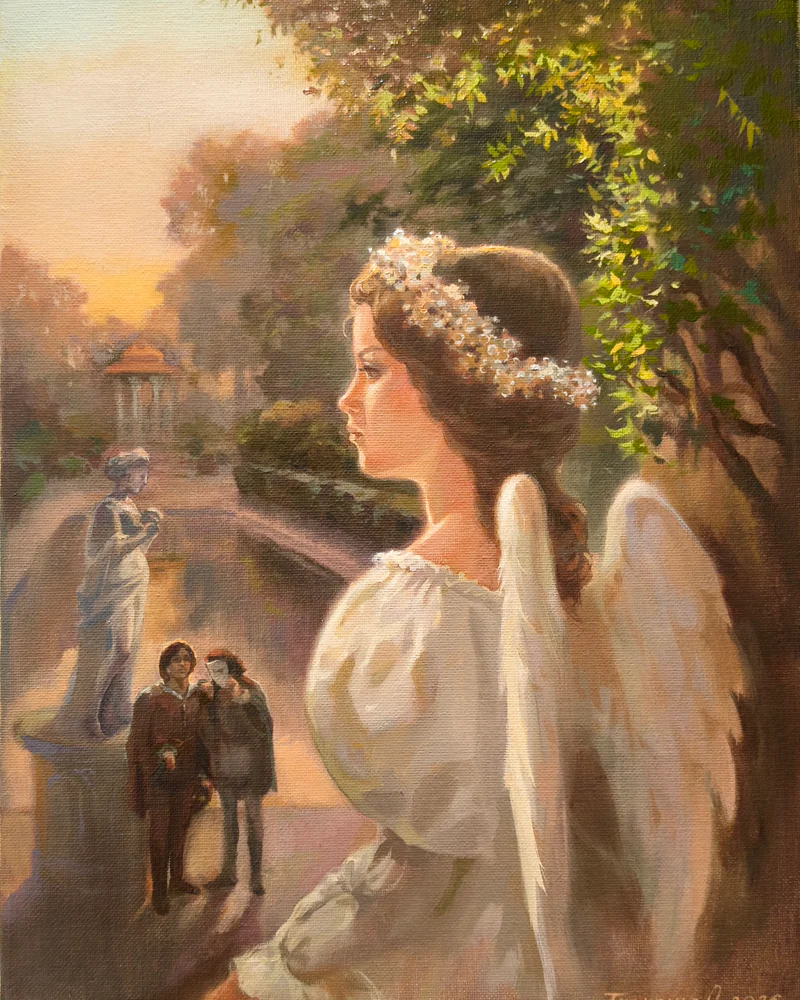 Картина маслом "Предчувствие. Джульетта на балу в костюме ангела" 40*30