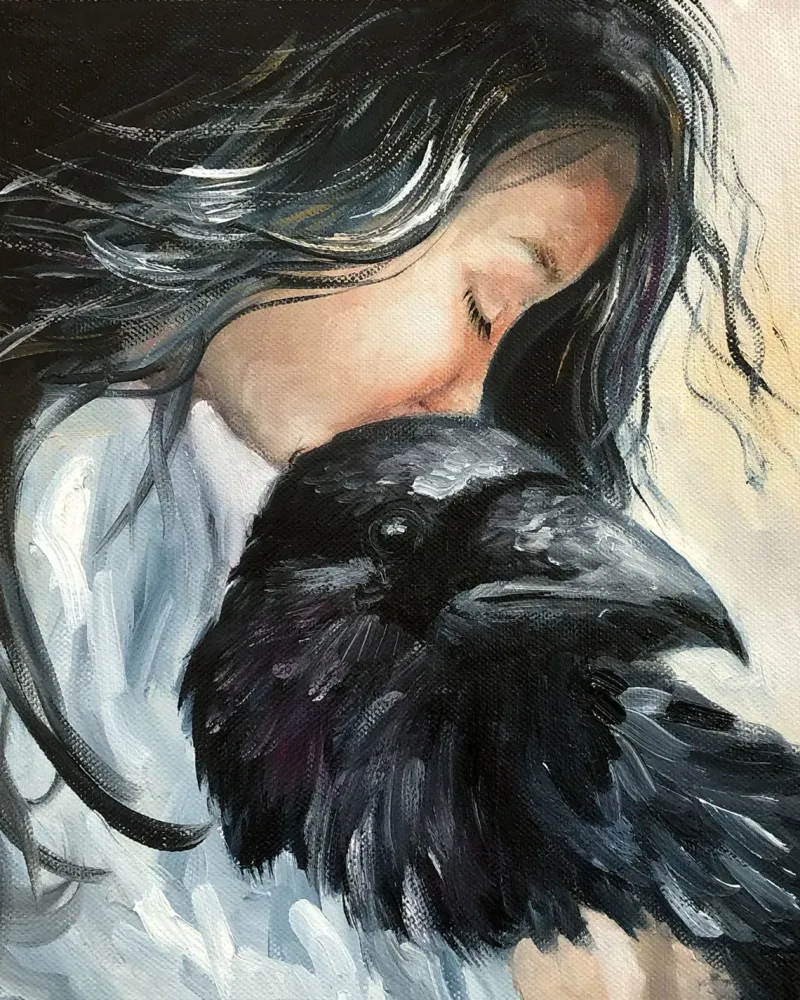 Девочка и ворон. Картина маслом 30×30 см — 30×30 см
