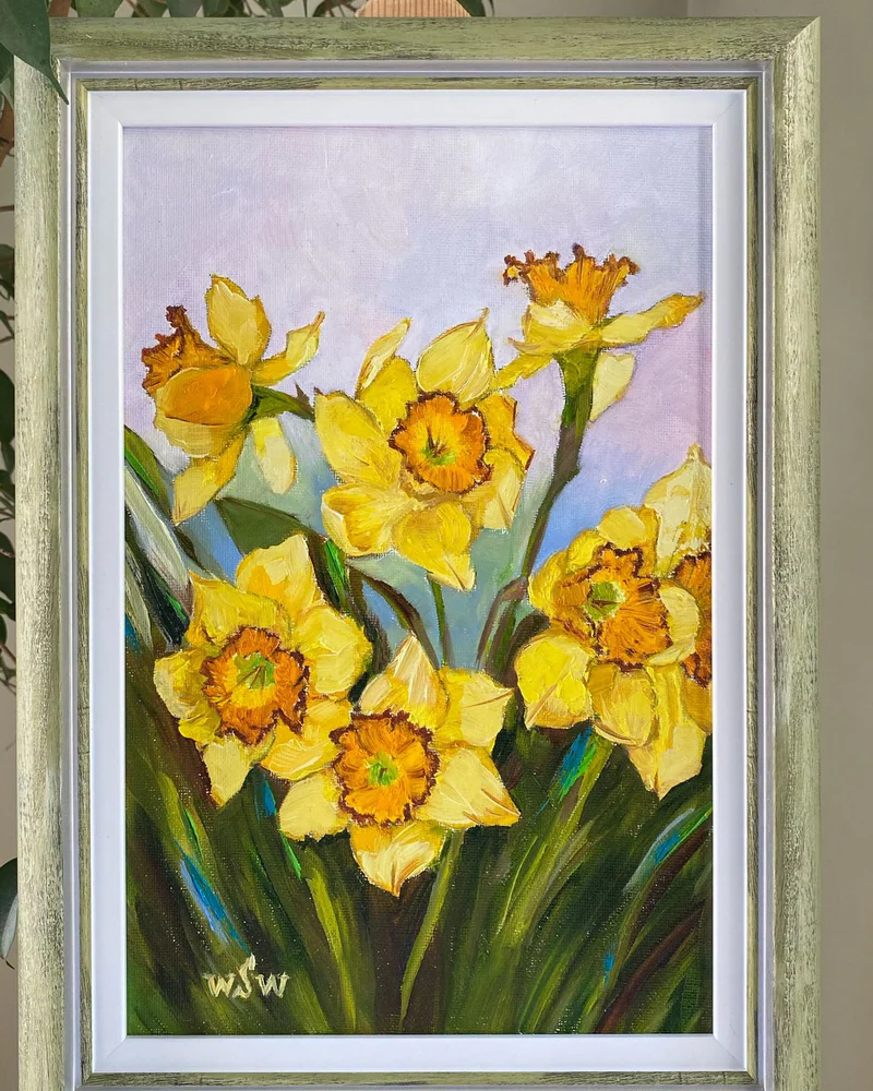Картина маслом цветы. Нарциссы. Натюрморт 25×35 см — Оригинал