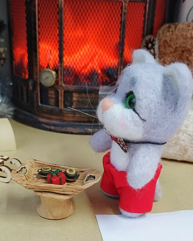 Серый Котик игрушка из шерсти, фигурка кота