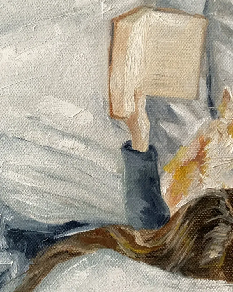 Девушка с книгой и кот. Картина маслом 30×40 см — 30×40 см