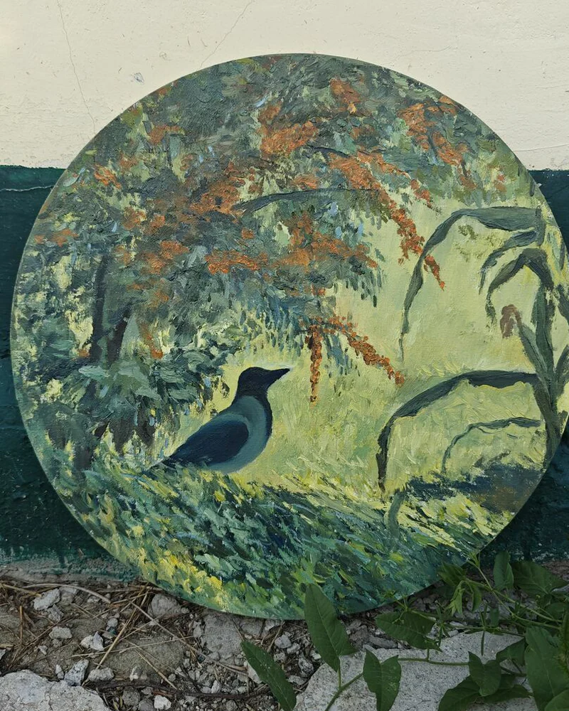 Круглая картина маслом д.40 "Там, где солнечный свет"