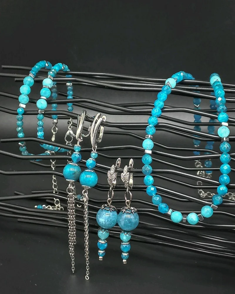 Серьги браслет колье Марина из апатита и амазонита комплект