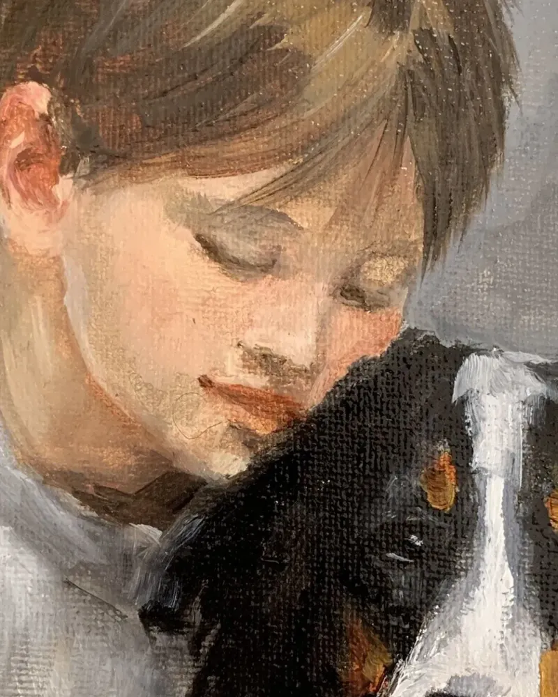 Мальчик с собакой. Картина маслом 20×30 см — 20×30 см