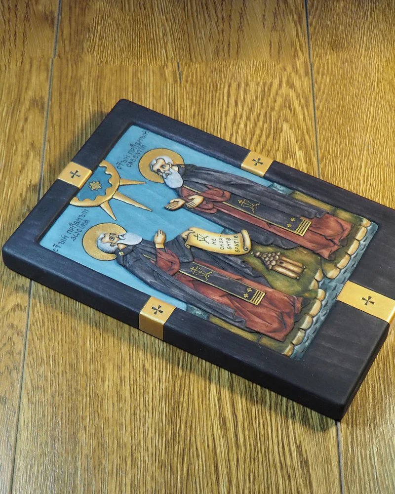 Св. Зосима и Савватий Соловецкие - резная икона из дерева