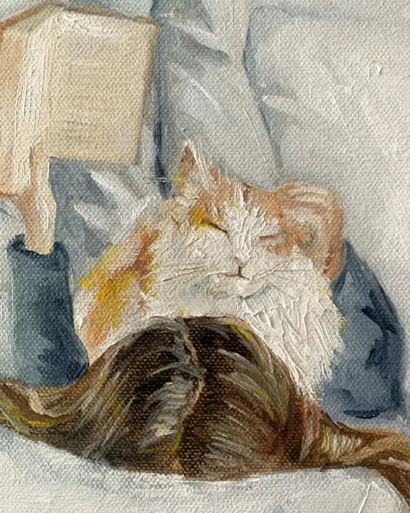 Девушка с книгой и кот. Картина маслом 30×40 см — 30×40 см