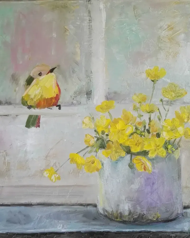 Желтые цветы и птичка. Картина маслом 40×40 см — 40×40 см