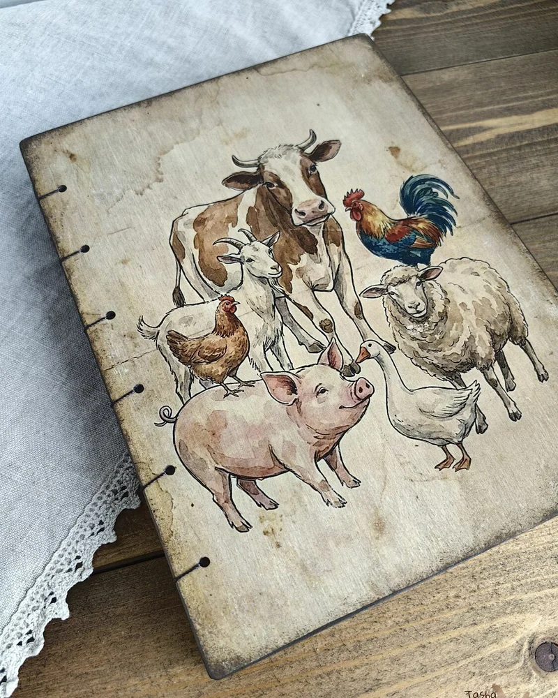 Деревянный блокнот А5 «Farm animals» с коптским переплётом — Farm animals