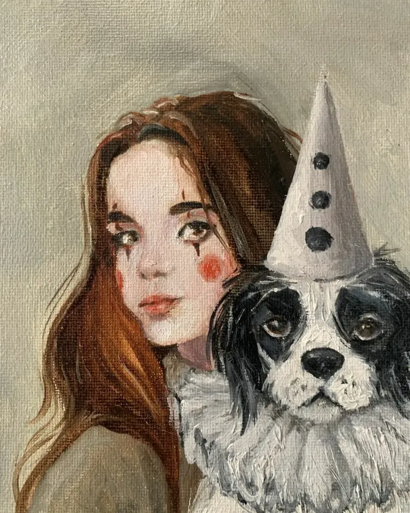 Клоунесса и верный друг. Картина маслом 20×20 см — 20×20 см
