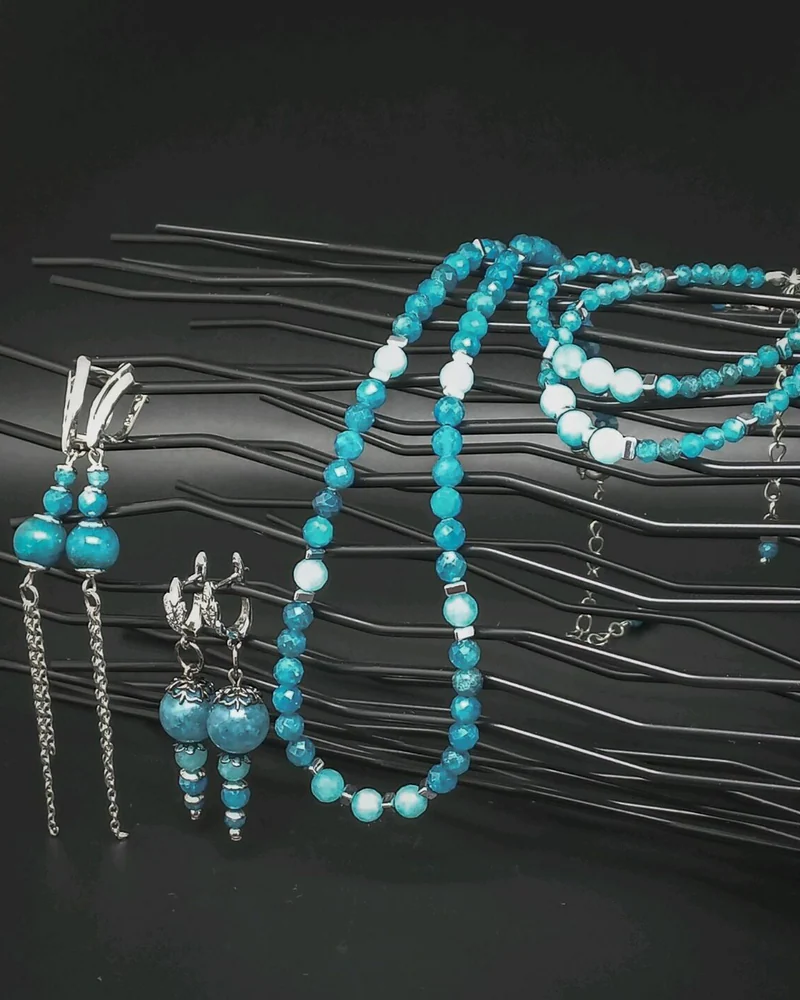 Серьги браслет колье Марина из апатита и амазонита комплект