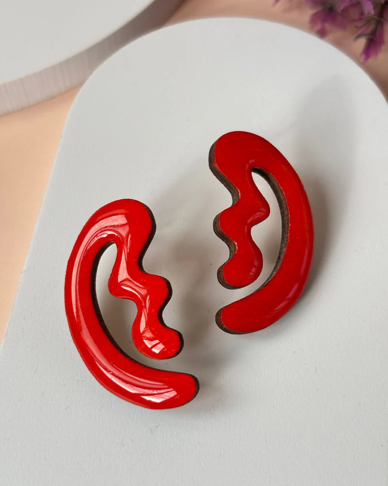 Серьги красные.Крупные серьги из дерева