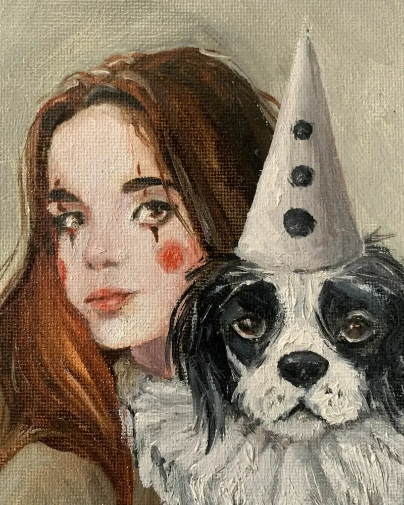 Клоунесса и верный друг. Картина маслом 20×20 см — 20×20 см