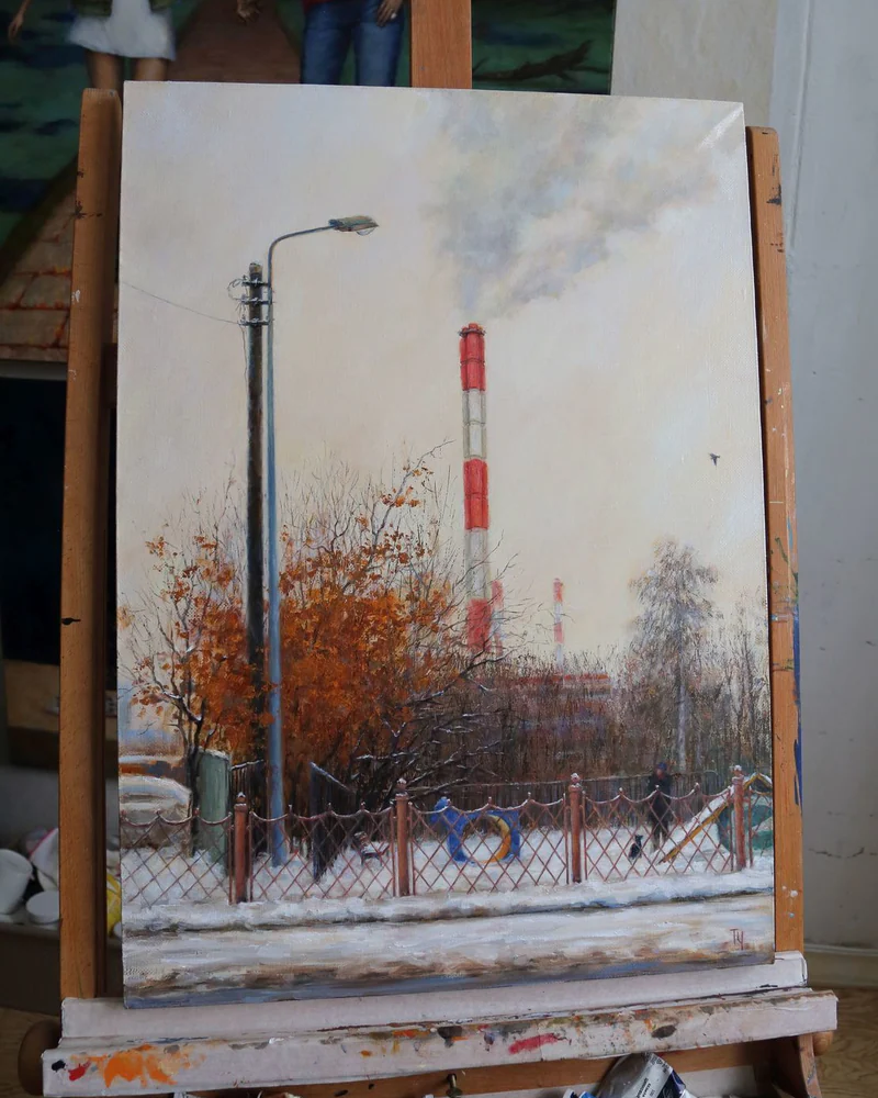 На районе. Вид с остановки "Ул.Богданова,24". Масло, холст