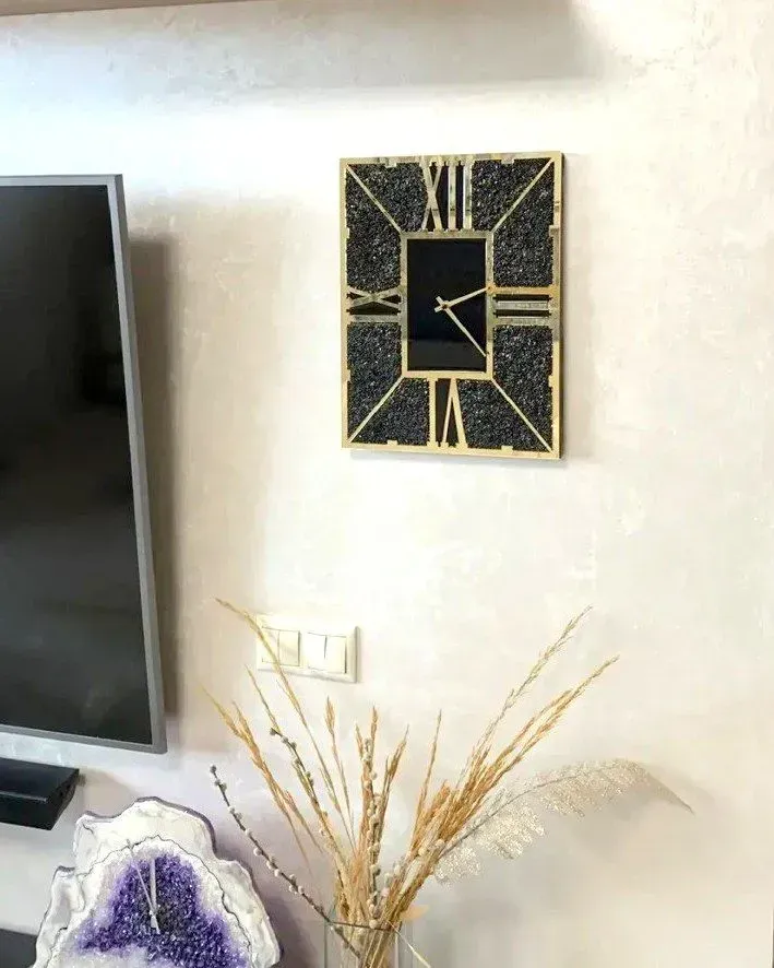 Настенные часы с обсидианом Черное золото, 30 × 40 см, обсидиан, эпоксидка