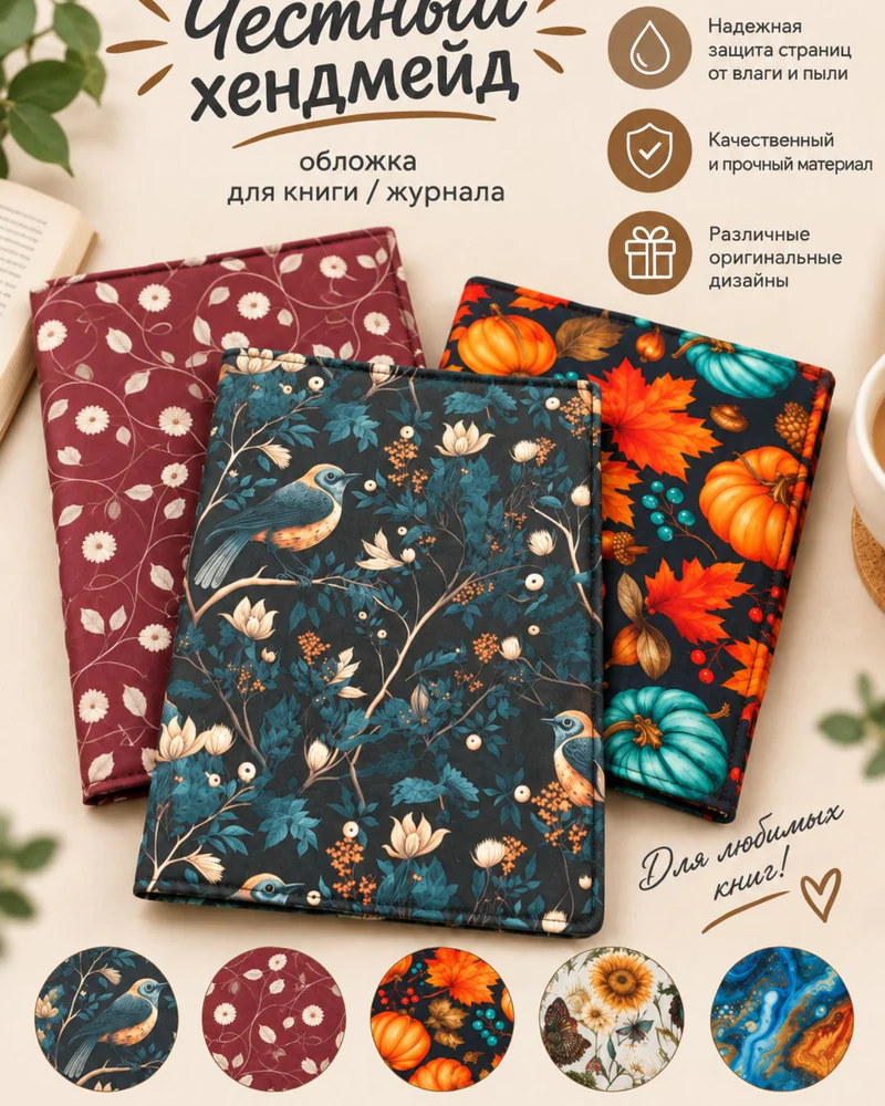 Тканевая обложка для книги A4 с принтом — A4, синий и золотой