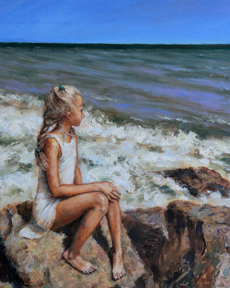 Девочка и море. Масло, холст на оргалите. 30х30 см