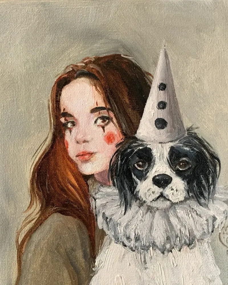 Клоунесса и верный друг. Картина маслом 20×20 см — 20×20 см