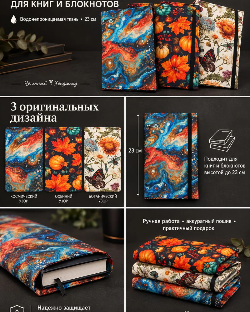 Тканевая обложка для книги A5 с принтом — A5, красный, коричневый, синий
